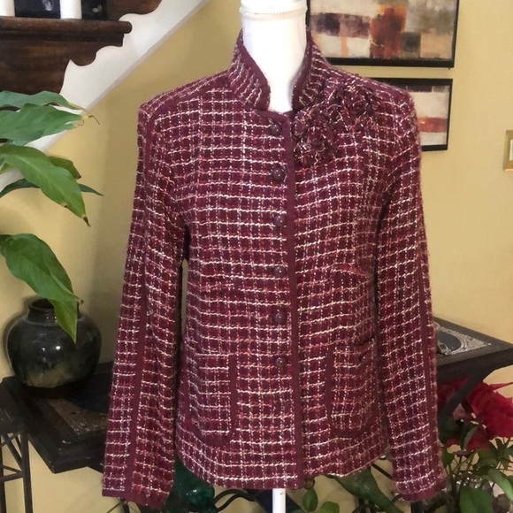 Ann Carson Women’s Silk Woven Burgundy Plaid Button Up Career Blazer Size Large - Picture 1 of 15